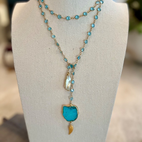 One of a kind Turquoise, Baroque Pearl & Aquamarine Lariat Necklace - Picture 8 of 9